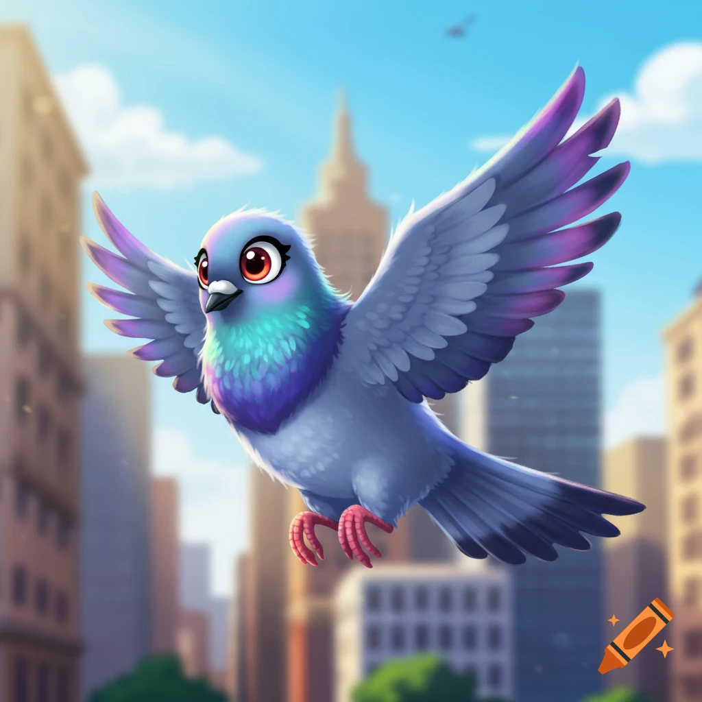 Cartoon pigeon flying over a city