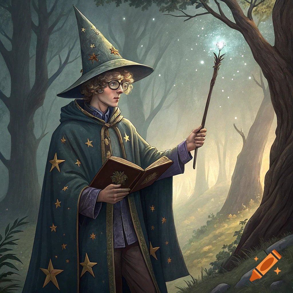 A young wizard with glasses holds an open book and a glowing wand in a misty forest.