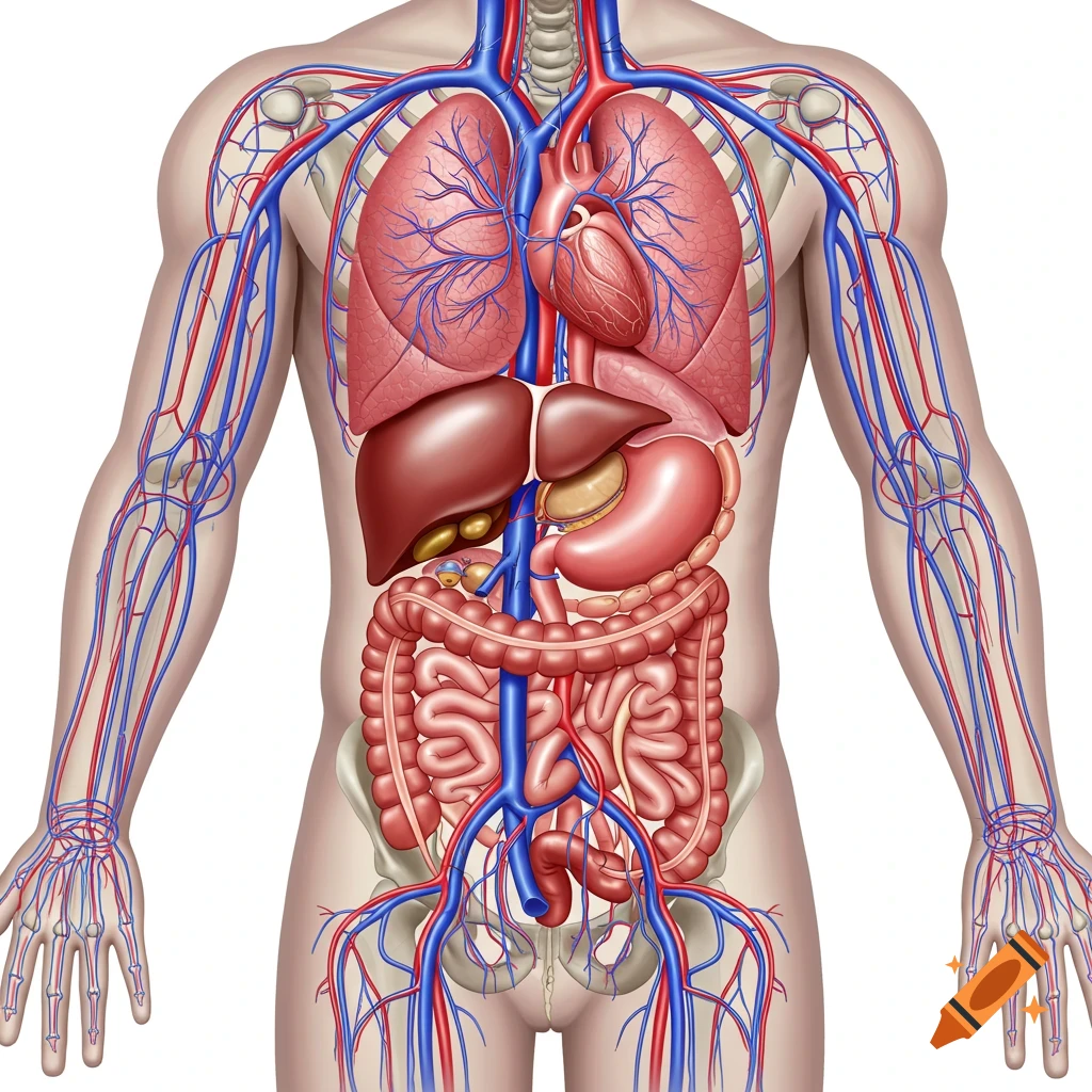 A detailed illustration of human circulatory and digestive systems.