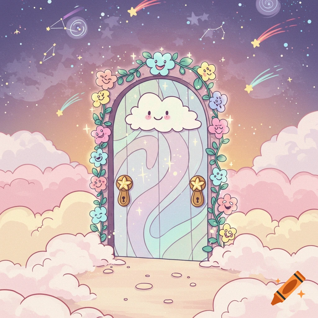 A whimsical cartoon door decorated with smiling flowers stands surrounded by clouds in a starry sky.