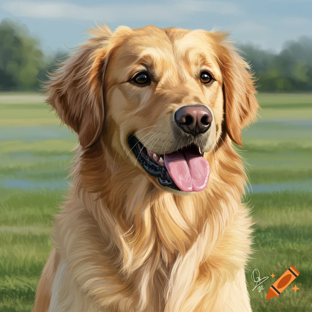 A golden retriever sits in a field, mouth slightly open with its tongue hanging out.
