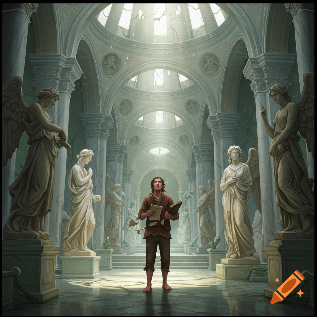 A barefoot man holds torn pages in a vast marble hall filled with angel and god statues