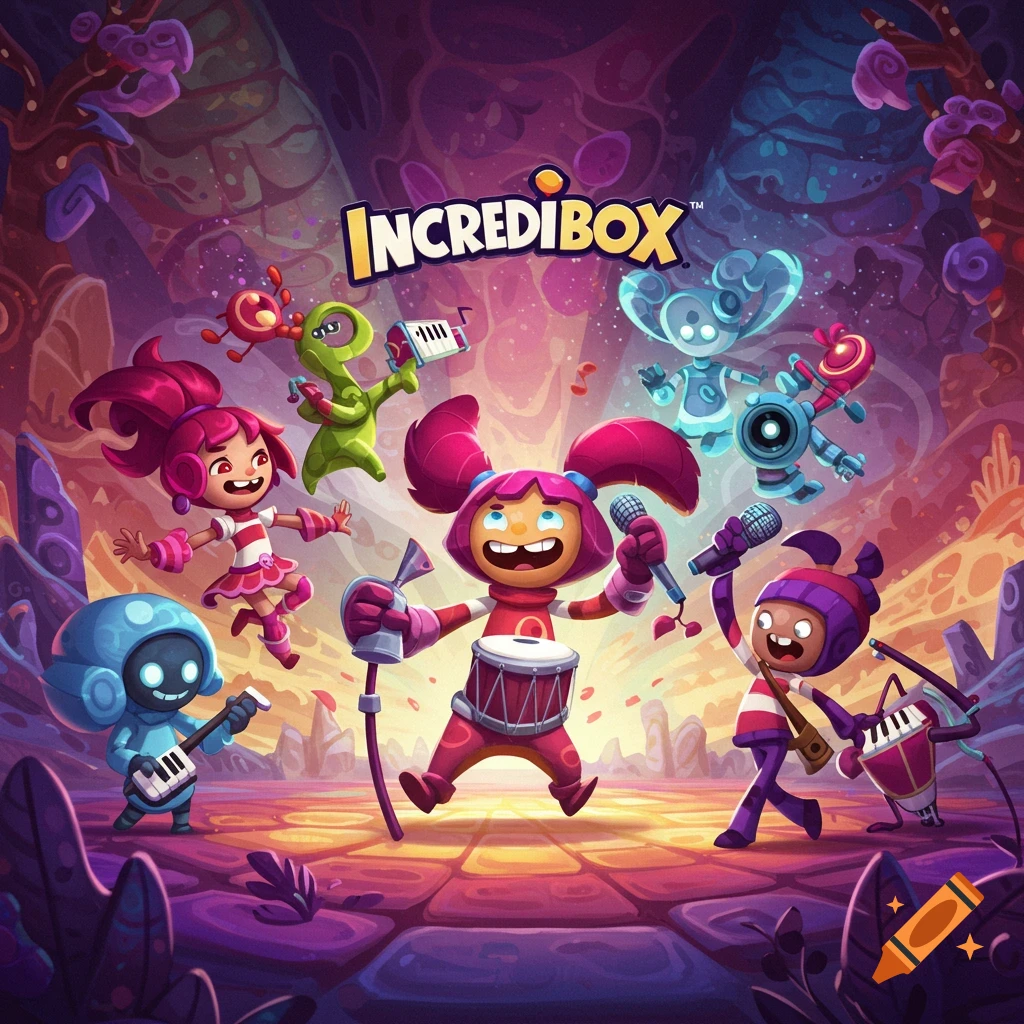 Cartoon characters play instruments in a colorful alien world with 'INCREDIBOX' logo.