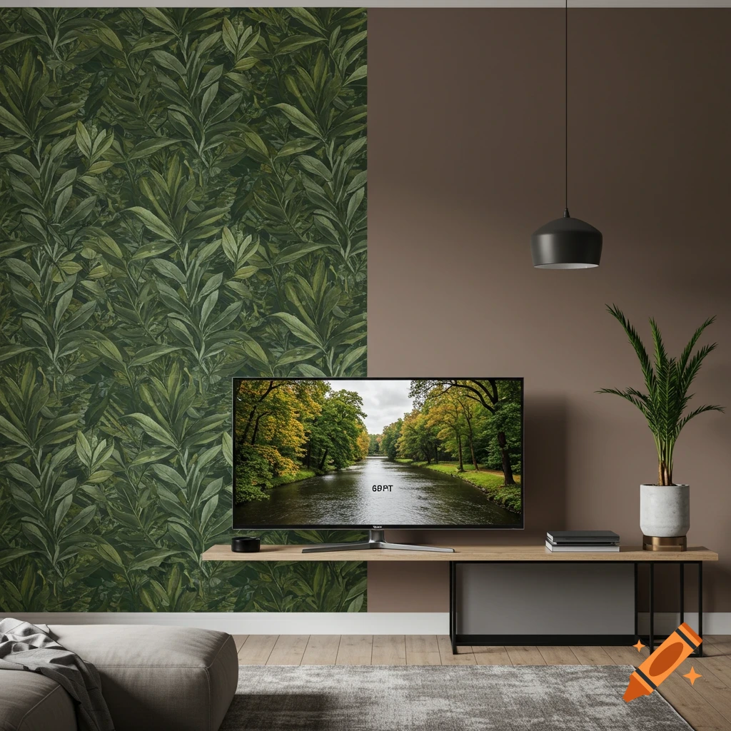 A room with leafy green wallpaper and a brown wall, featuring a TV on a stand, a plant, and a sofa.