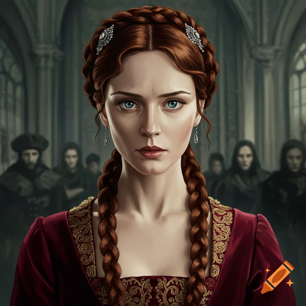 A serious red-haired woman is featured in a historical red gown, with figures visible in the background.