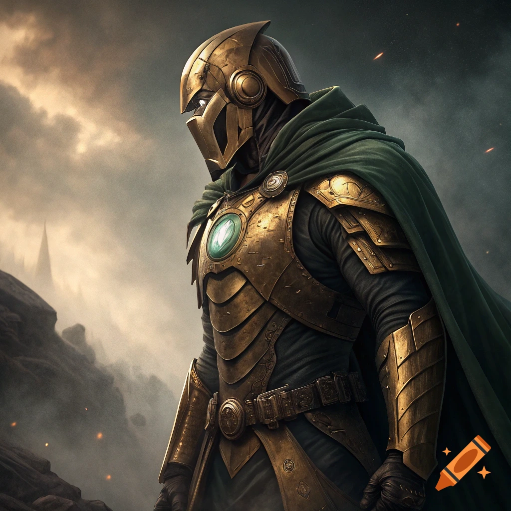 A figure in golden armor and green cape stands on rocks with a castle spire in the background.