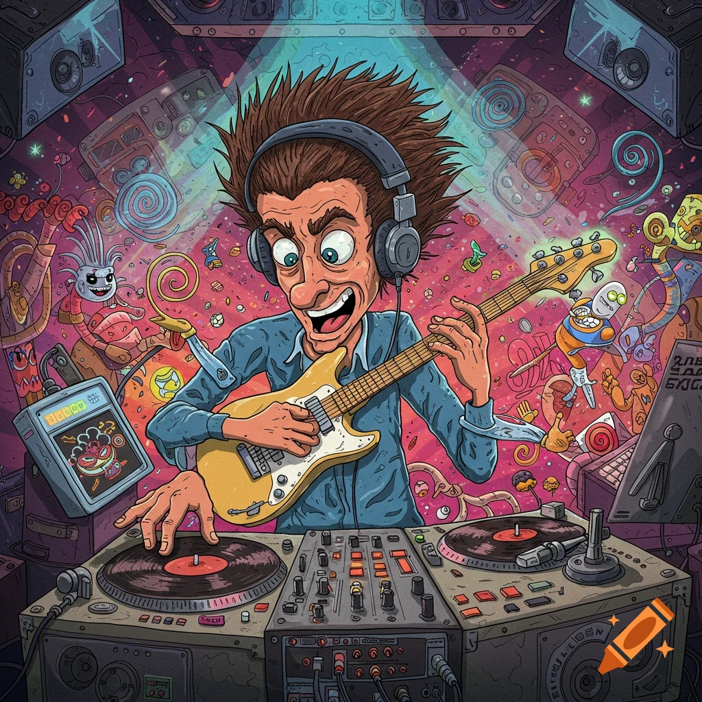 Trippy cartoon of a person playing guitar while DJing