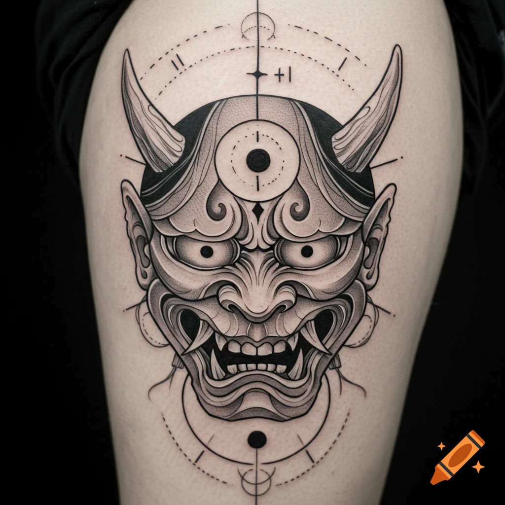Black and grey tattoo of an Oni mask with geometric and symbolic design on skin.