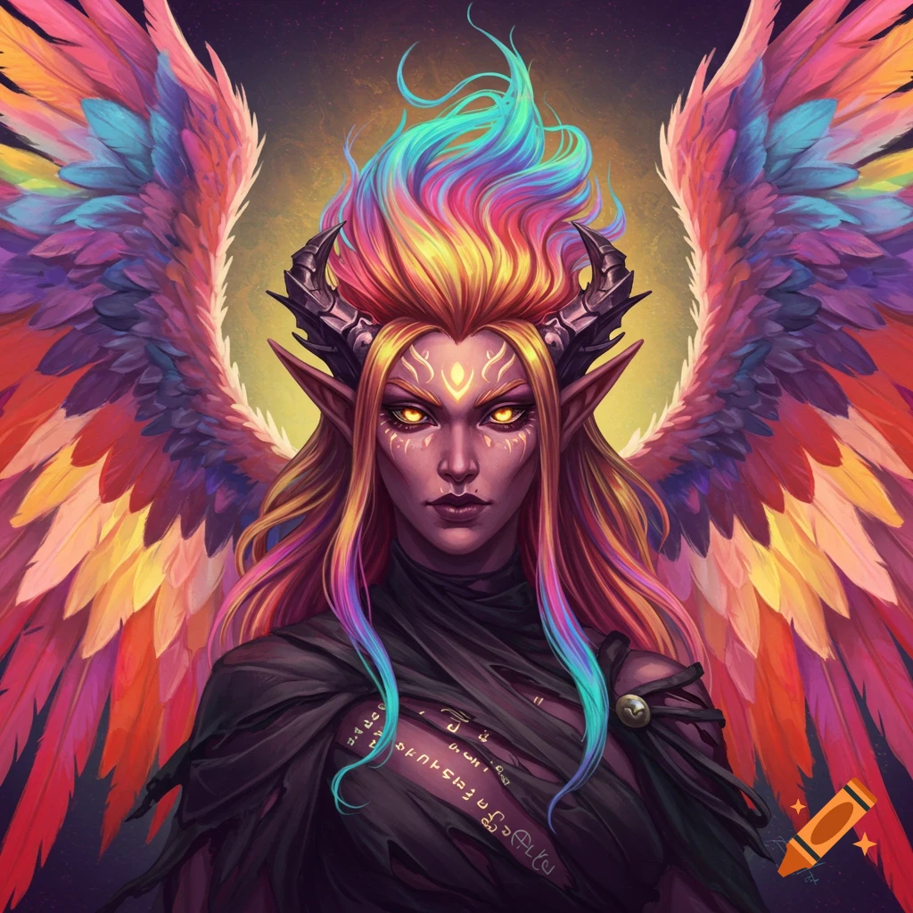 A fantasy creature with horns, glowing eyes, colorful wings, and glyphs on clothing.