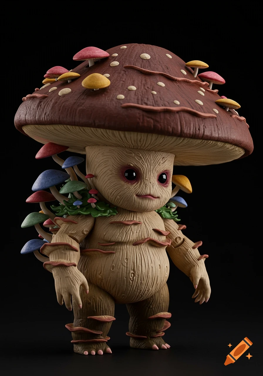 A Nendoroid-style figure of a mushroom monster, studio lighting