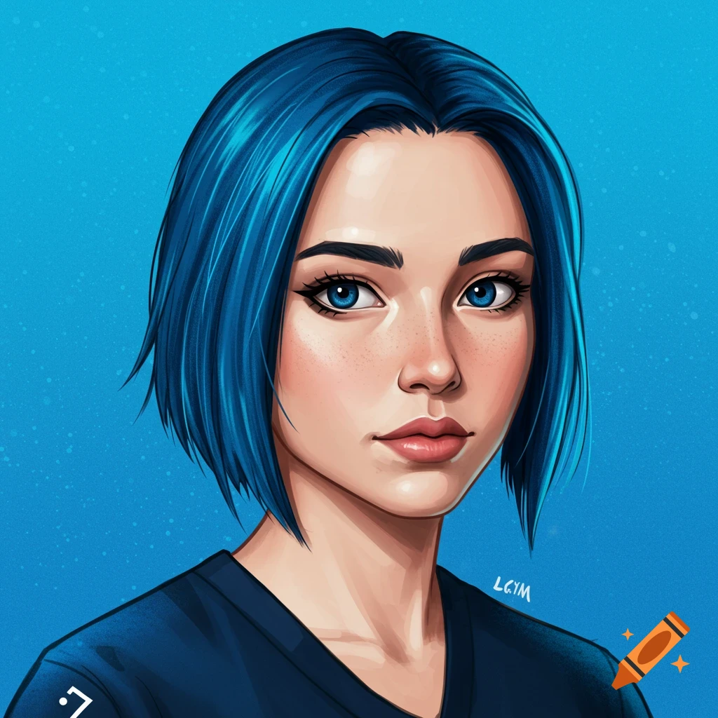 A young woman with short blue hair and blue eyes wears a dark blue shirt against a blue background.