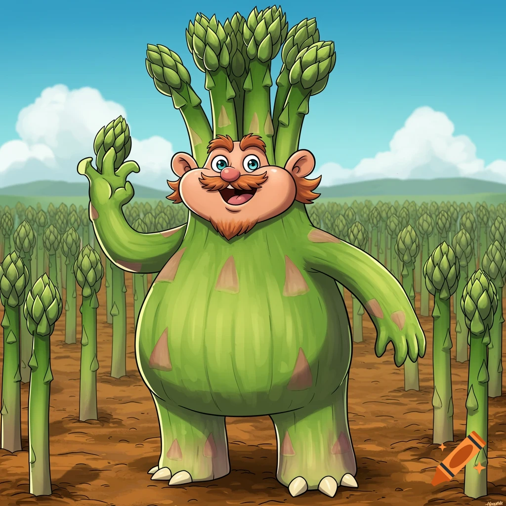 Cartoon asparagus monster character stands in a field of asparagus