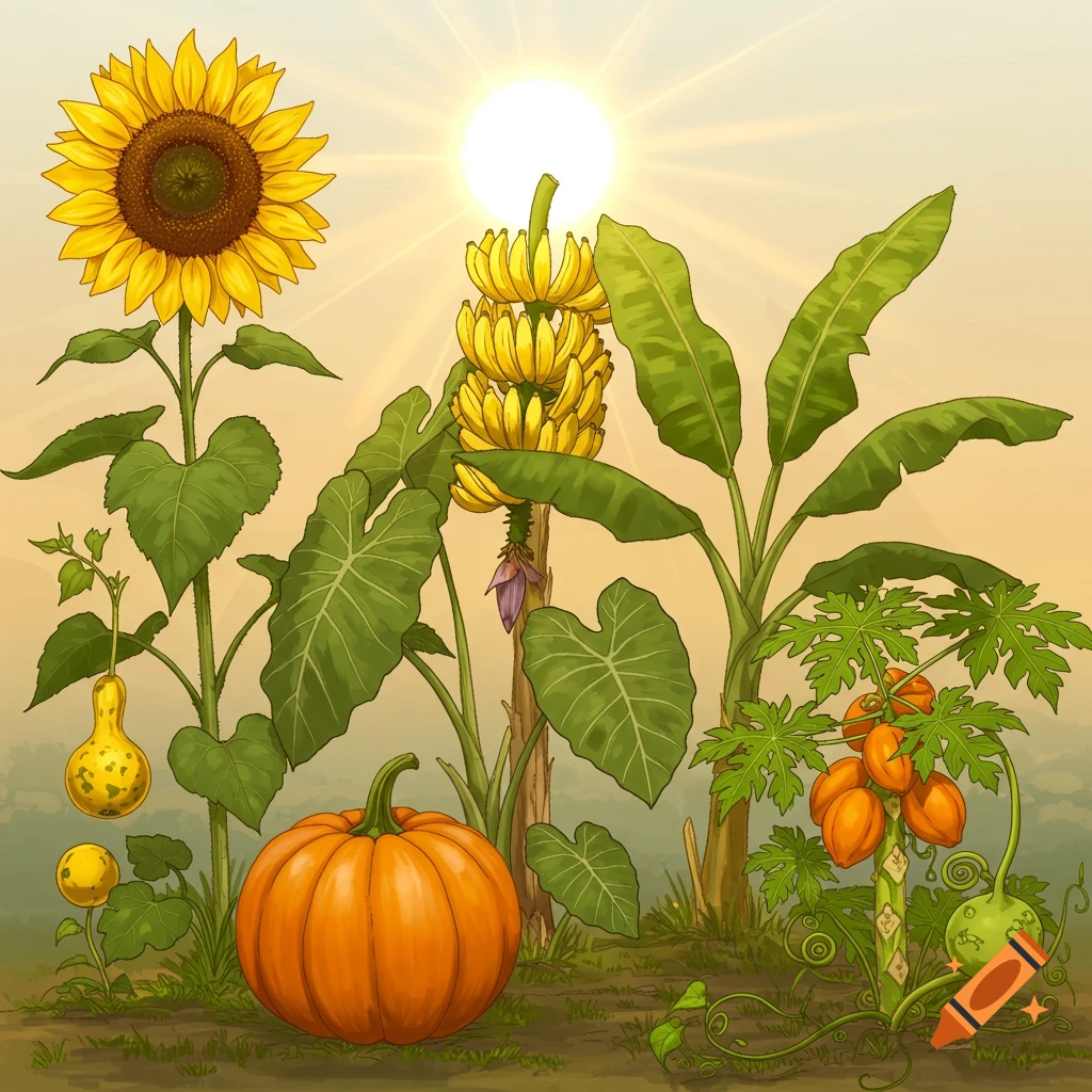 A vibrant garden scene featuring a prominent sunflower, alongside a pumpkin, banana tree, and papaya. Gourds and elephant ear plants fill out the landscape under a bright sun.