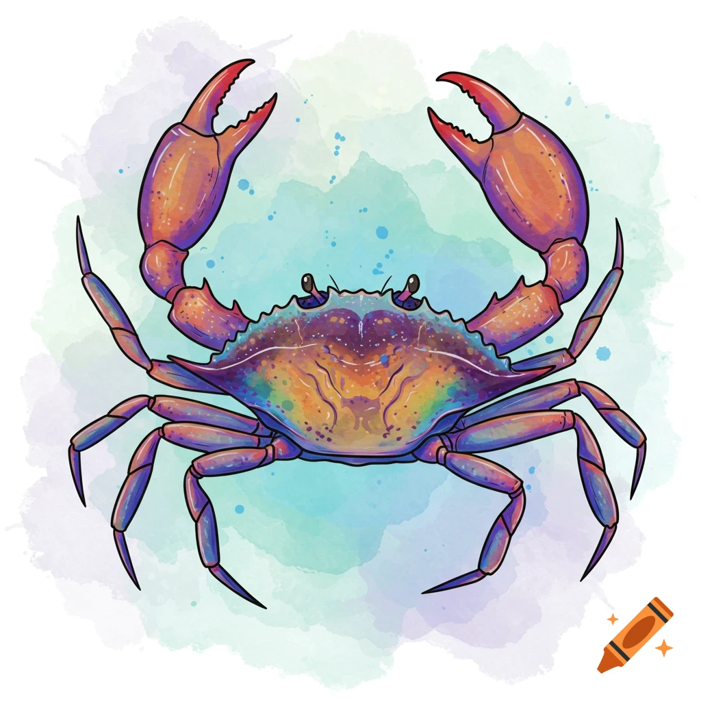 A colorful illustration of a crab against a watercolor background.
