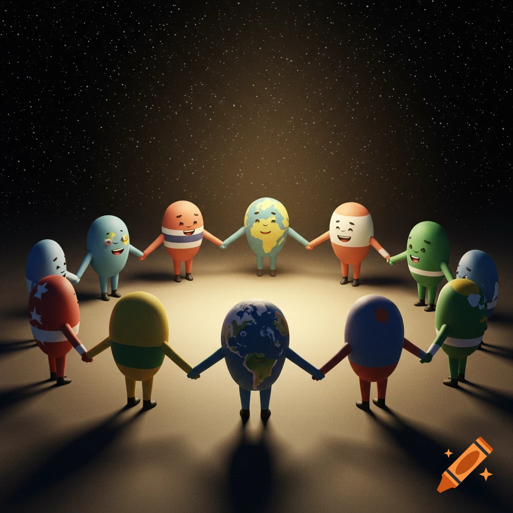 Stylized characters representing countries and Earth holding hands in a circle under a starry sky