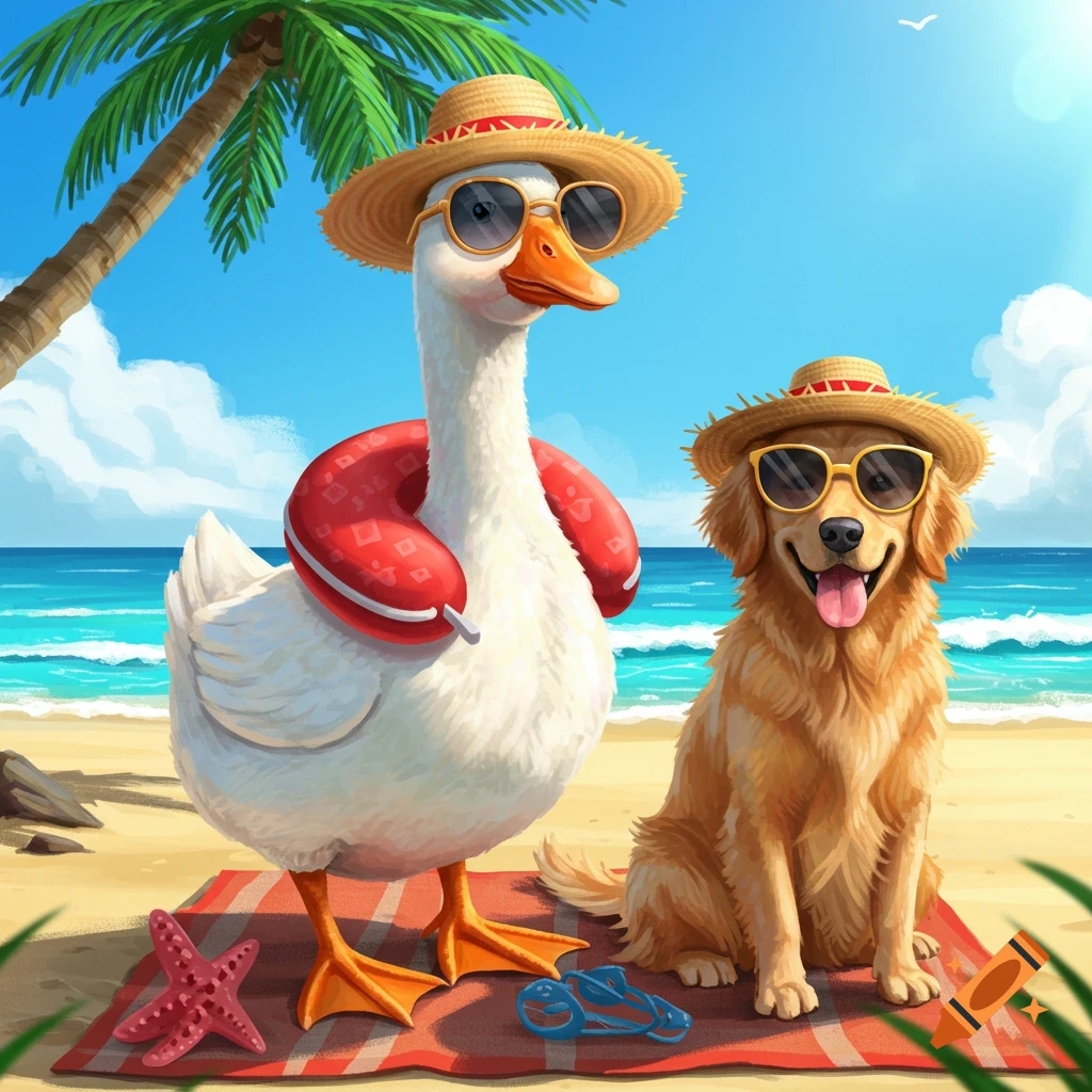 A white goose and a golden retriever wearing straw hats and sunglasses relax on a beach towel by the ocean.
