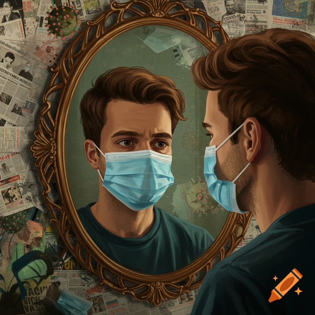 Painting of a man wearing a mask looking in a mirror with COVID-19 related imagery and newspapers in the background.