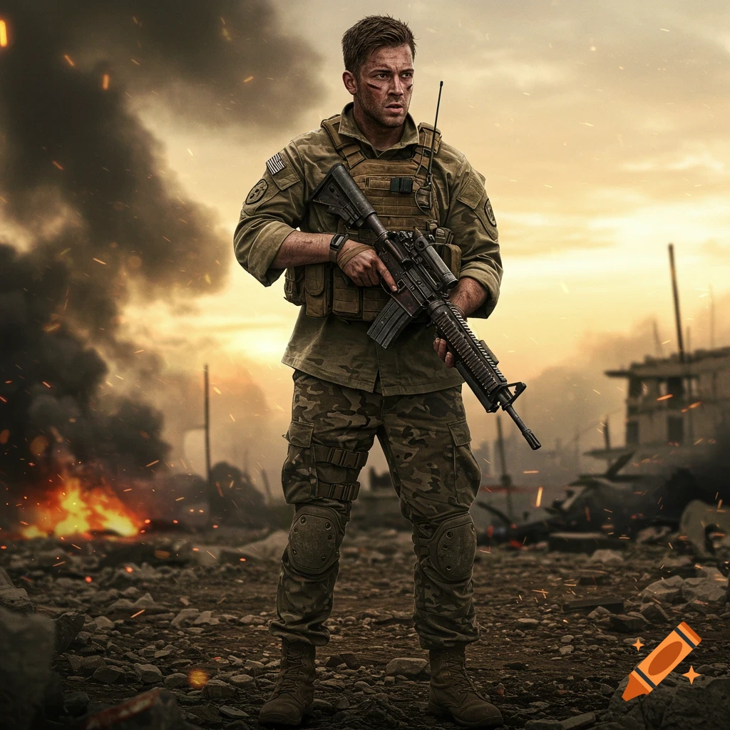 A lone soldier stands amidst the ruins of a warzone, surrounded by smoke and fire.