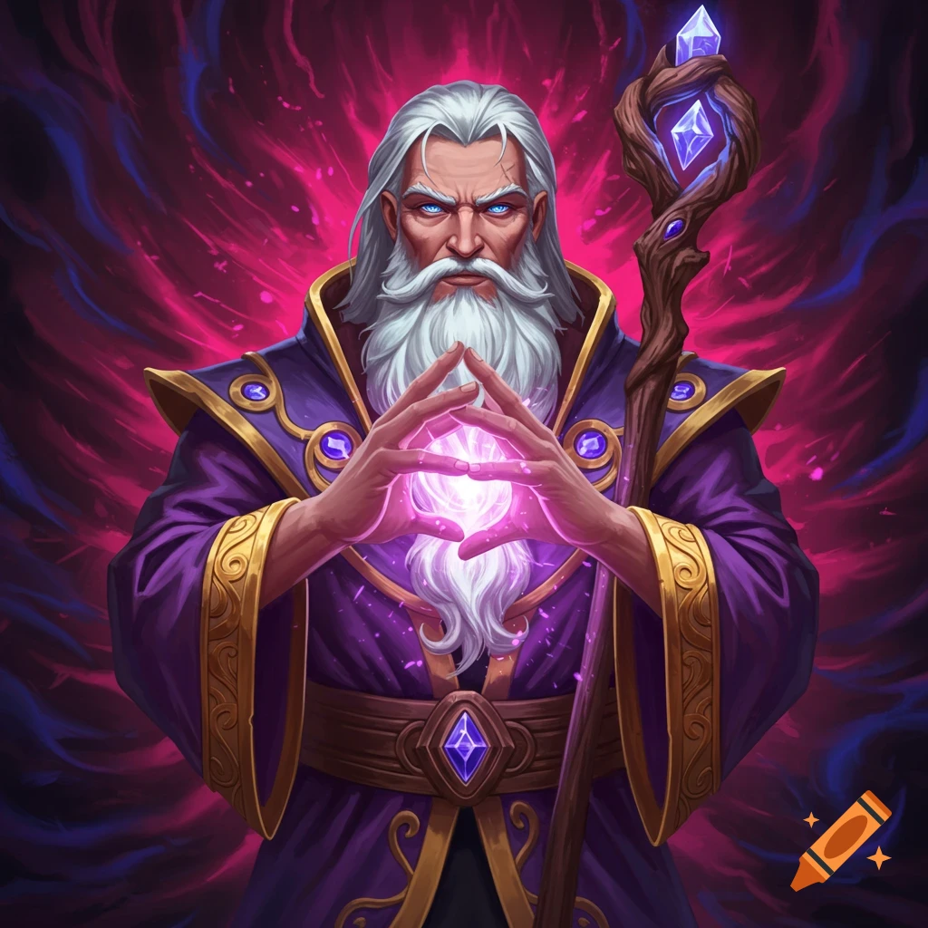 A white-bearded wizard in a purple robe holding glowing magic between his hands, with a swirling background.