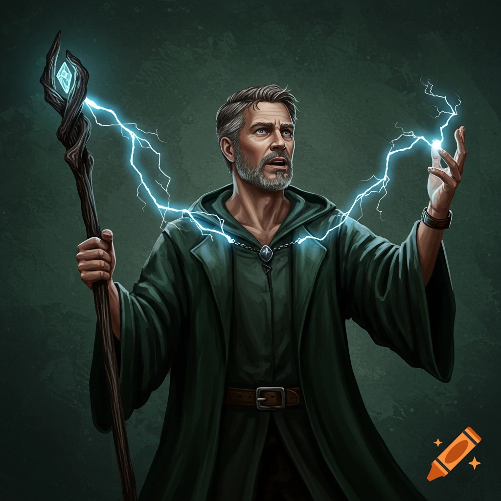 Painting of a wizard in green robes casting lightning while holding a staff.