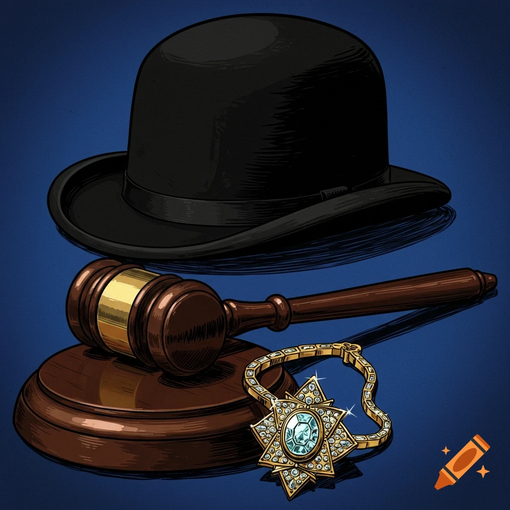 Illustration of a bowler hat, gavel, and jeweled pendant on a blue background.