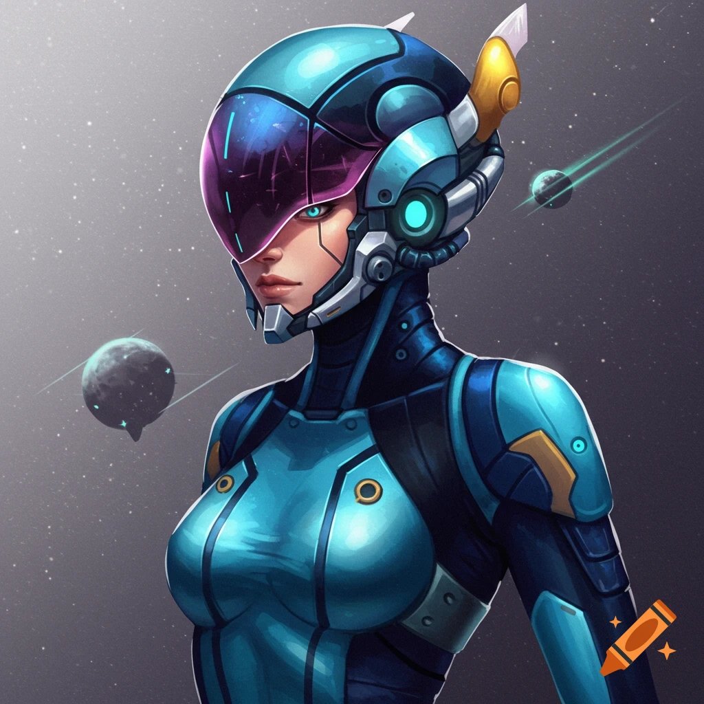 A woman in futuristic blue and silver armor and helmet in space