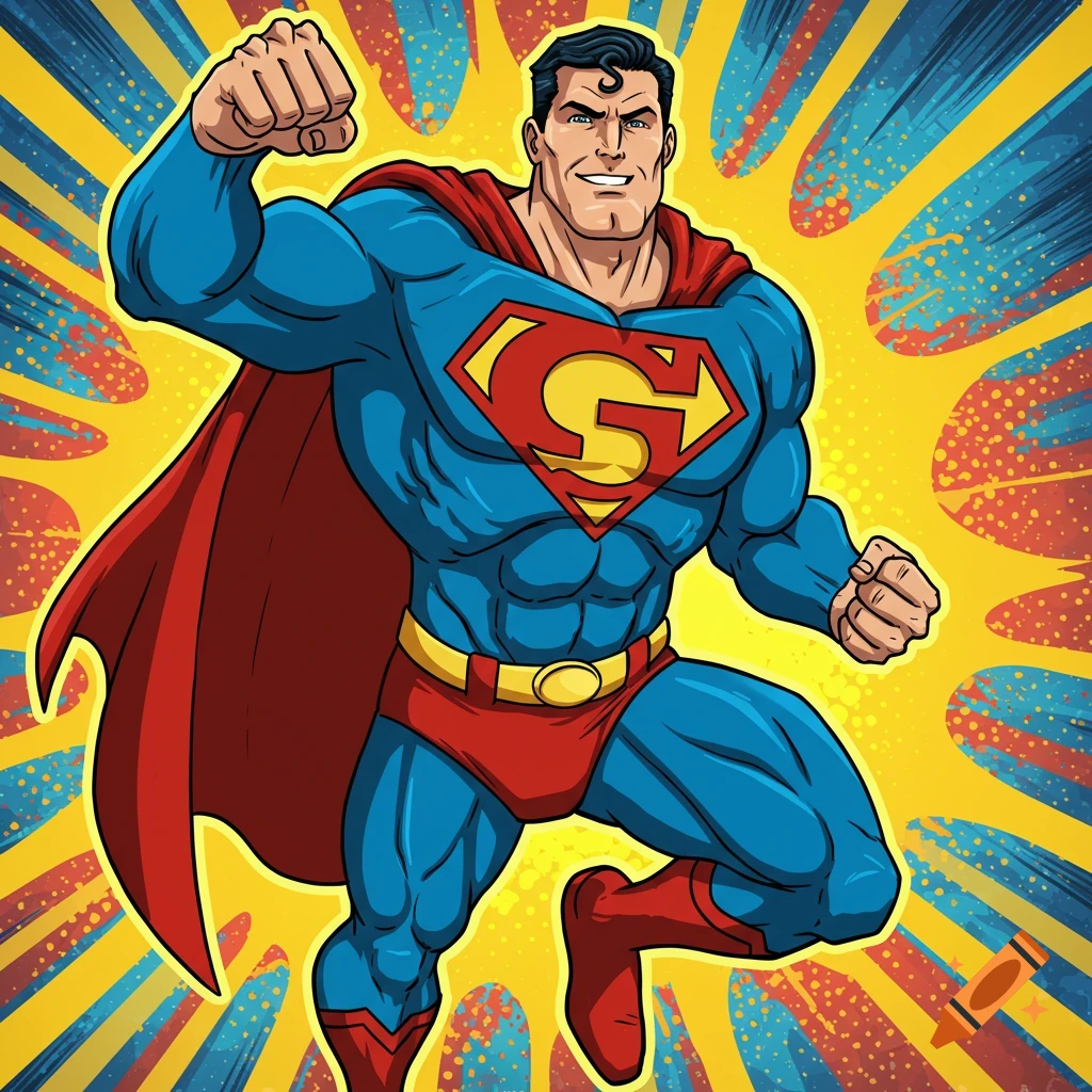 Cartoon superhero similar to Superman with a G emblem on the chest against a comic book background.