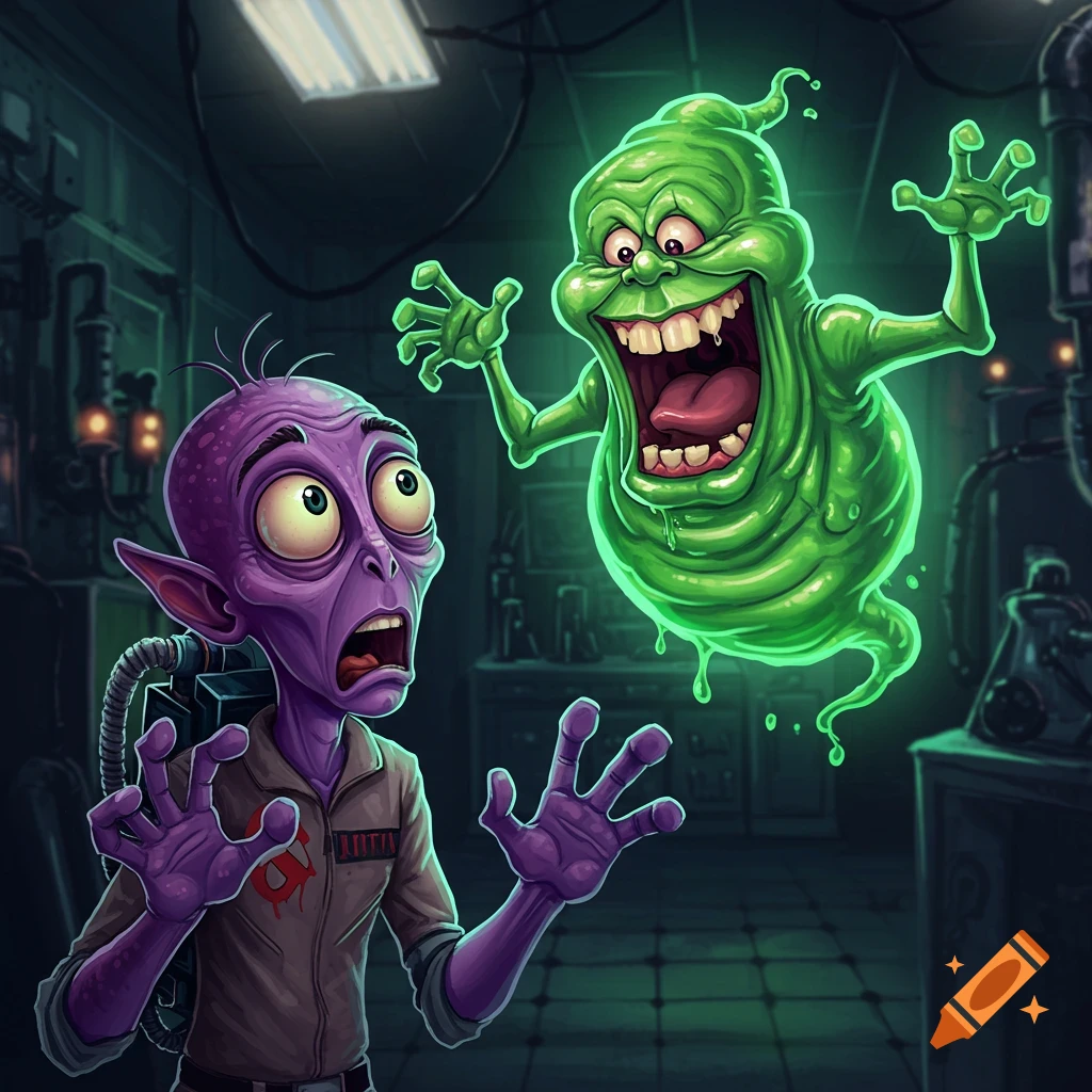 A scared purple alien in a Ghostbusters suit reacts to a grinning green ghost in a lab.
