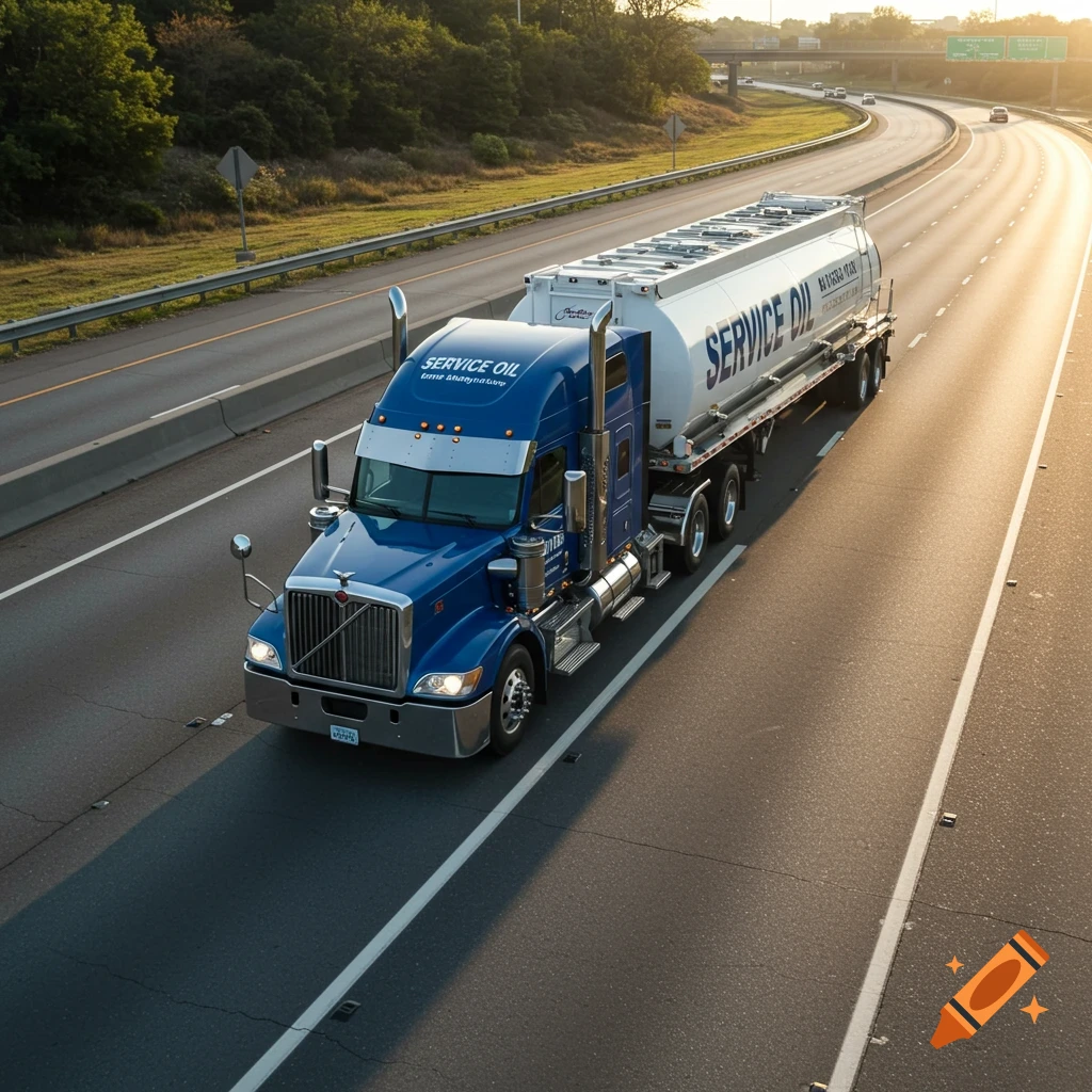 Blue semi-truck with tanker trailer on a highway at sunset.