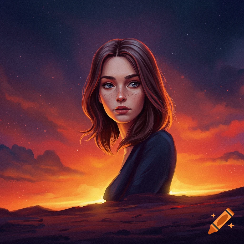 A stylized image of a young woman with freckles against a starry sunset sky.