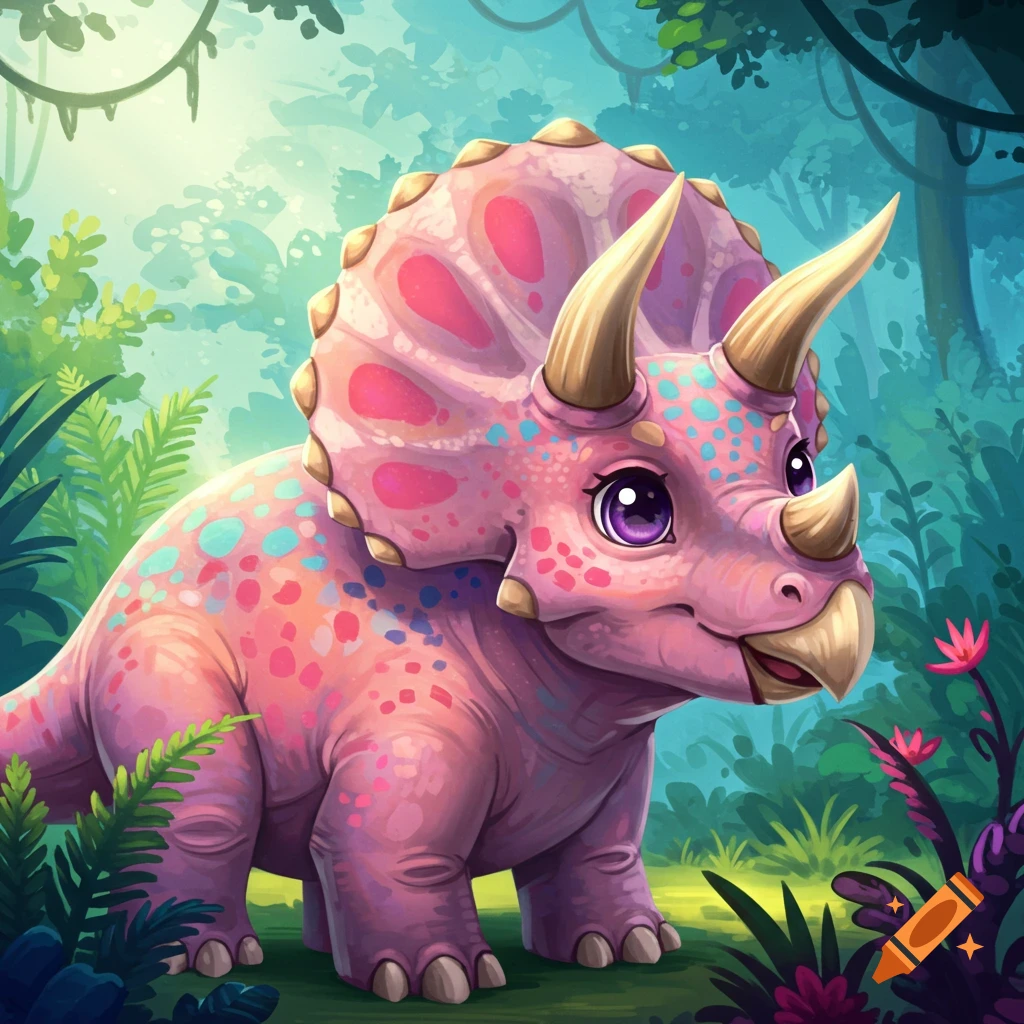 A cute pink cartoon triceratops with colorful spots stands in a lush forest.