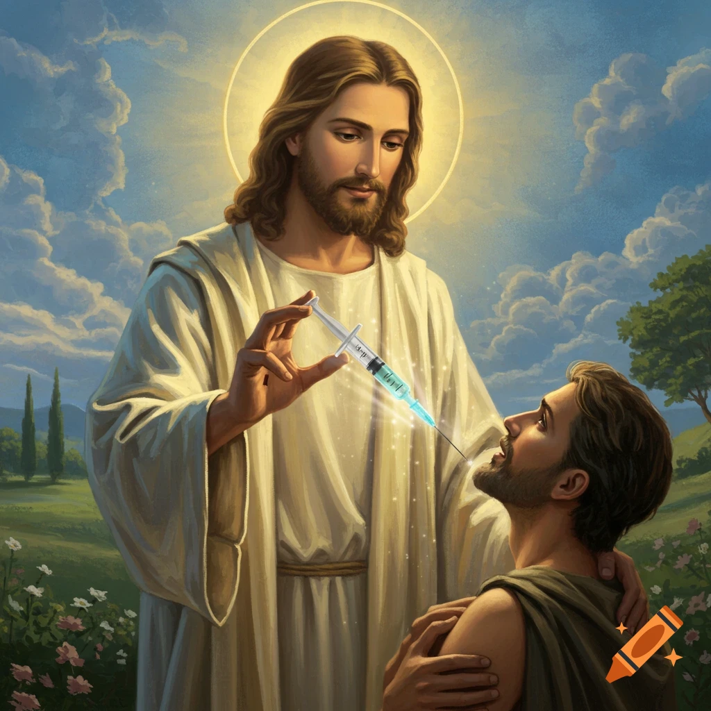 Jesus giving a man a vaccine shot in a pastoral setting.