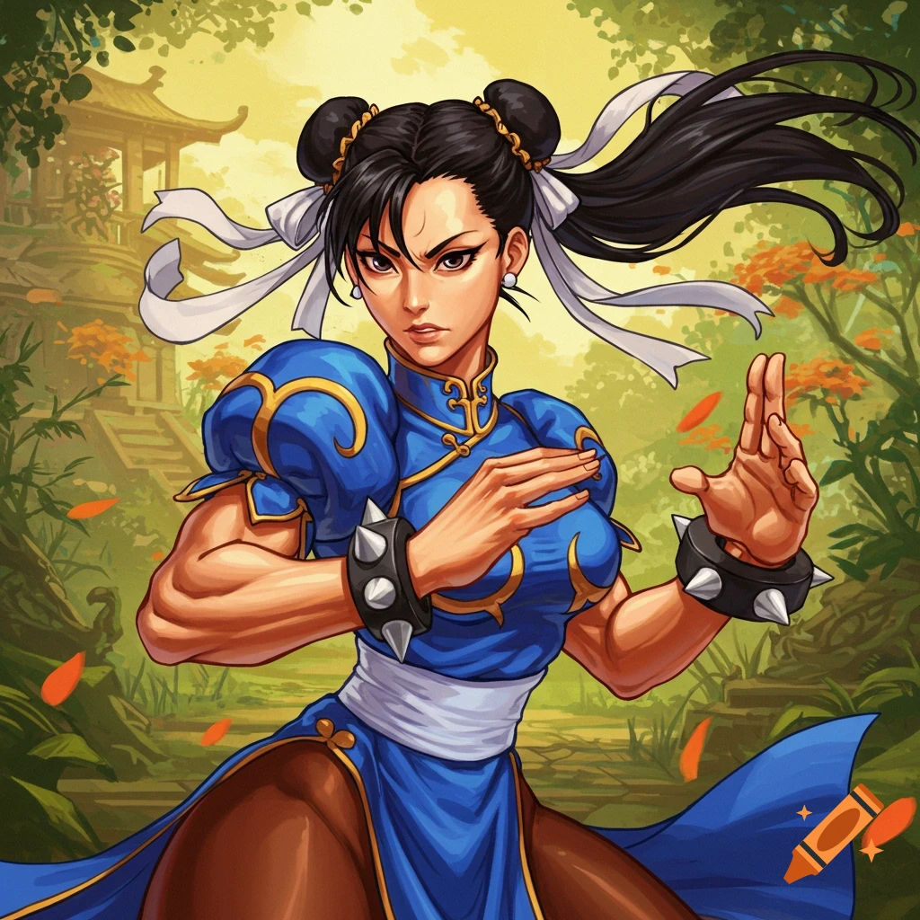 A female martial artist in a blue dress strikes a pose in a garden with a temple.