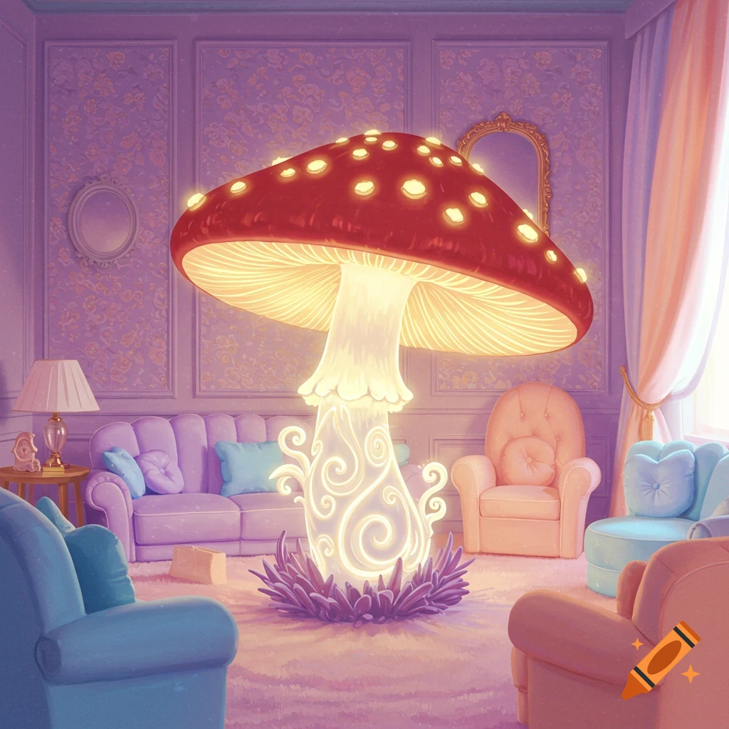 Large glowing mushroom centerpiece in a pastel plush room