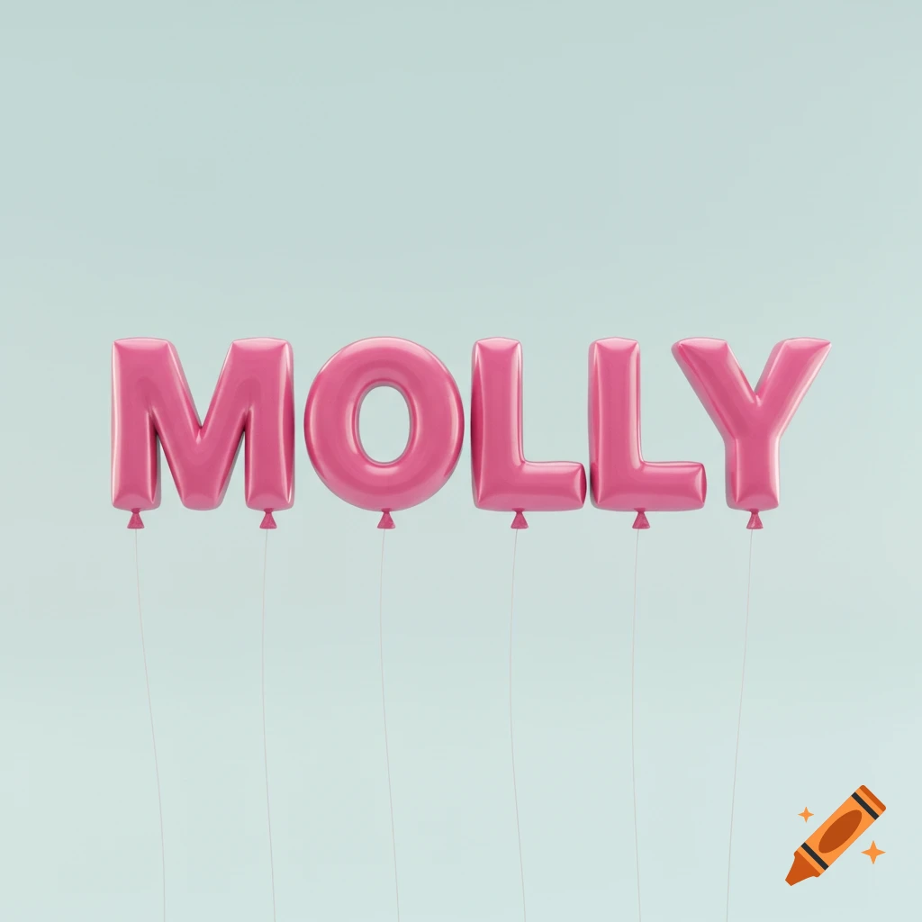 The name 'MOLLY' spelled out with pink balloon letters.