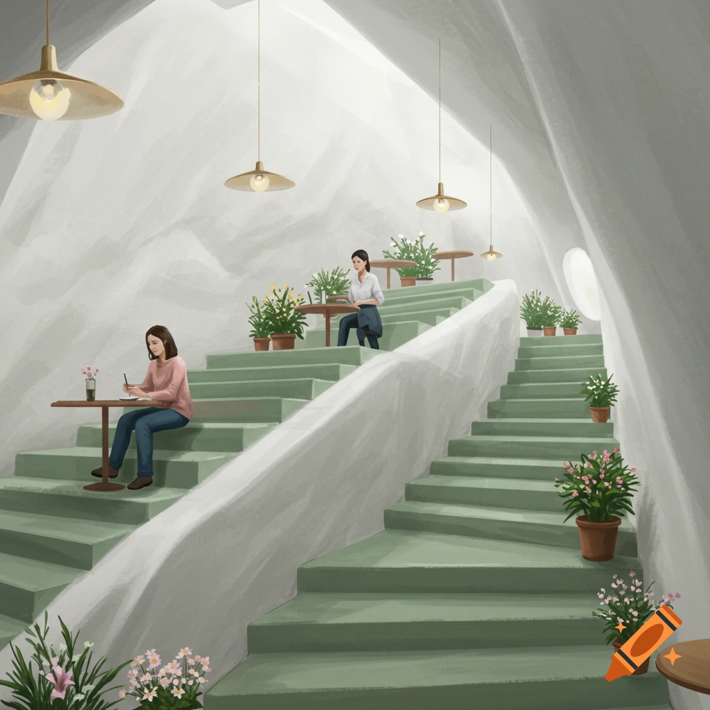 People are sitting at tables on large steps inside a white cave-like cafe with plants.