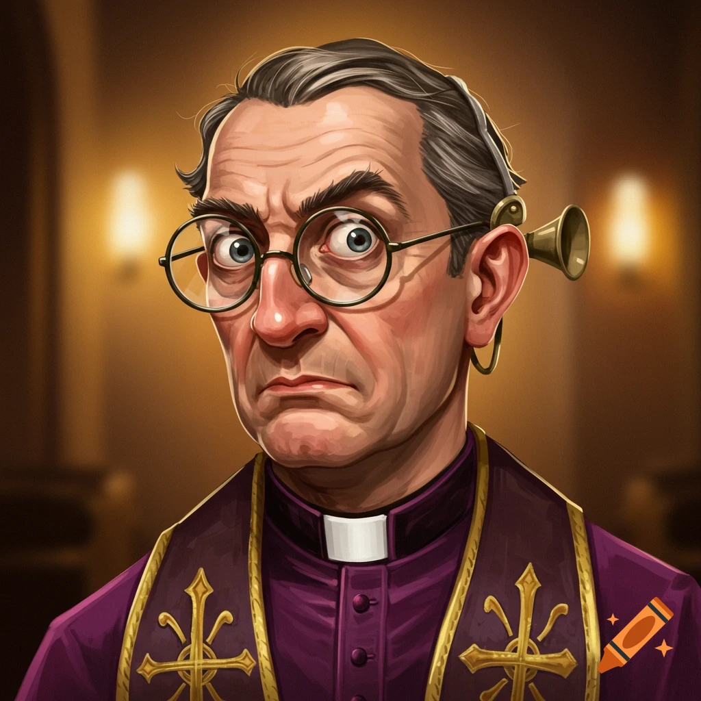 A confused priest with thick glasses and a hearing horn