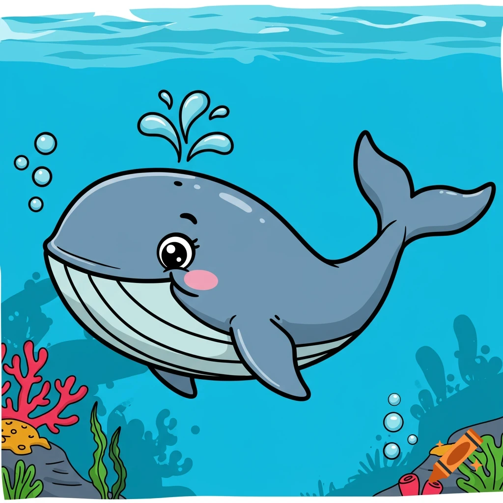 A cartoon illustration of a gray whale swimming underwater with bubbles, coral, and seaweed.