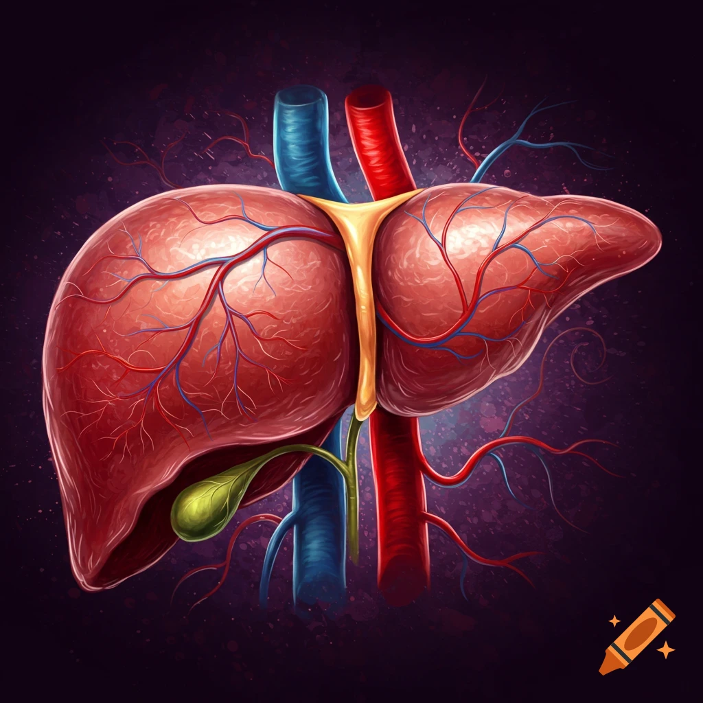 Digital illustration of a human liver, gall bladder, and associated blood vessels on a dark background.