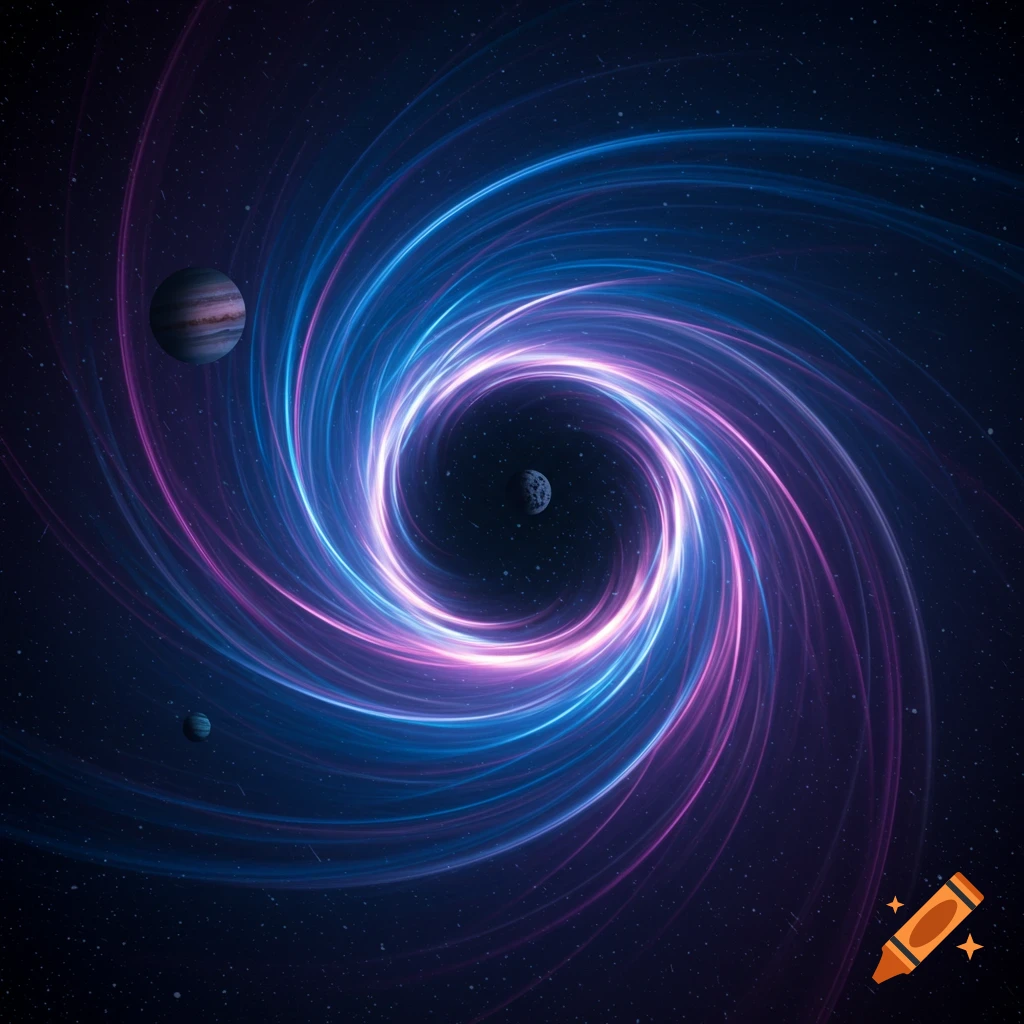 A swirling blue and purple vortex in space with planets and stars.