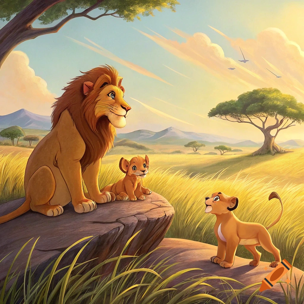 An adult lion and two cubs sit on rocks in a grassy savanna at sunset, in a Disney cartoon style.
