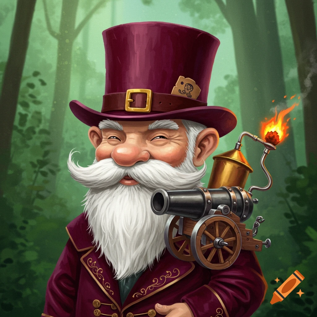 A gnome with a white mustache and beard wears a maroon top hat and jacket and holds a fire cannon.