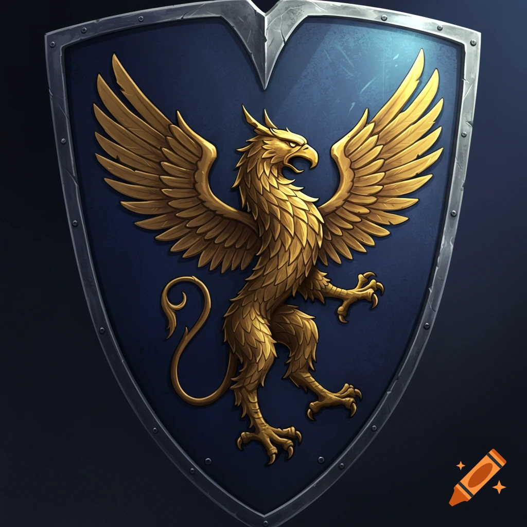 A fantasy shield with a golden griffon on a blue background.