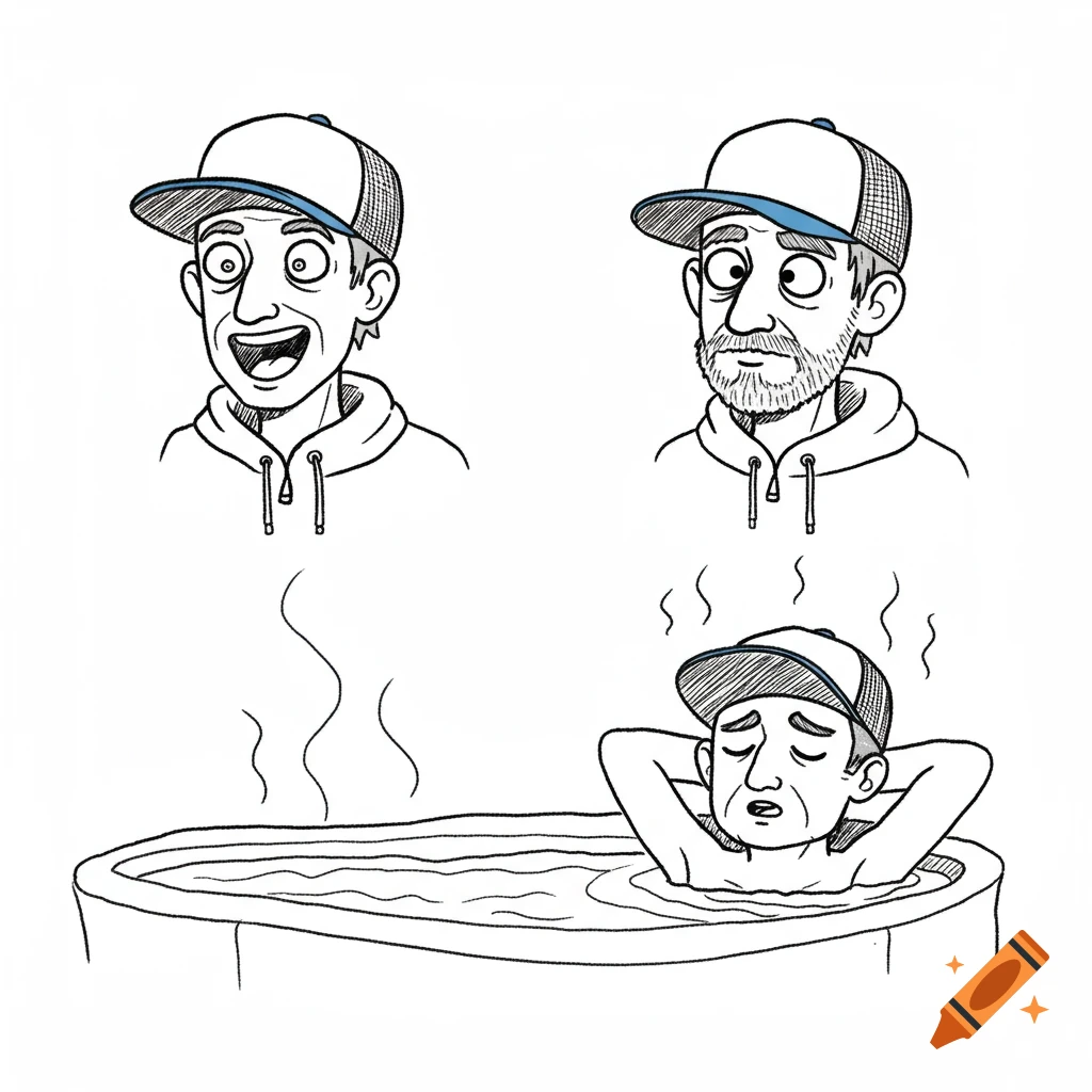 Line drawing comic of a man with three expressions: excited, cold, and relaxing in a hot tub.