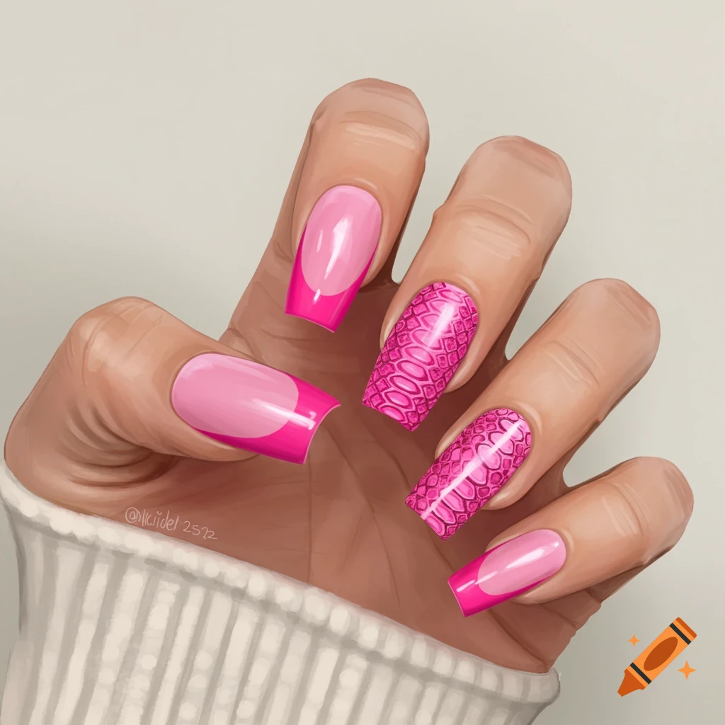 A hand with hot pink french tip and snakeskin pattern nails.
