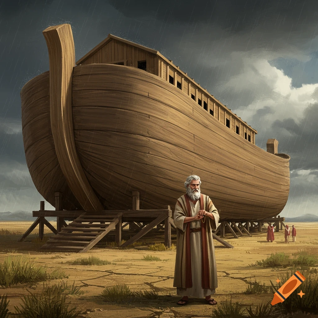 A bearded man stands before a large wooden ark as rain falls.