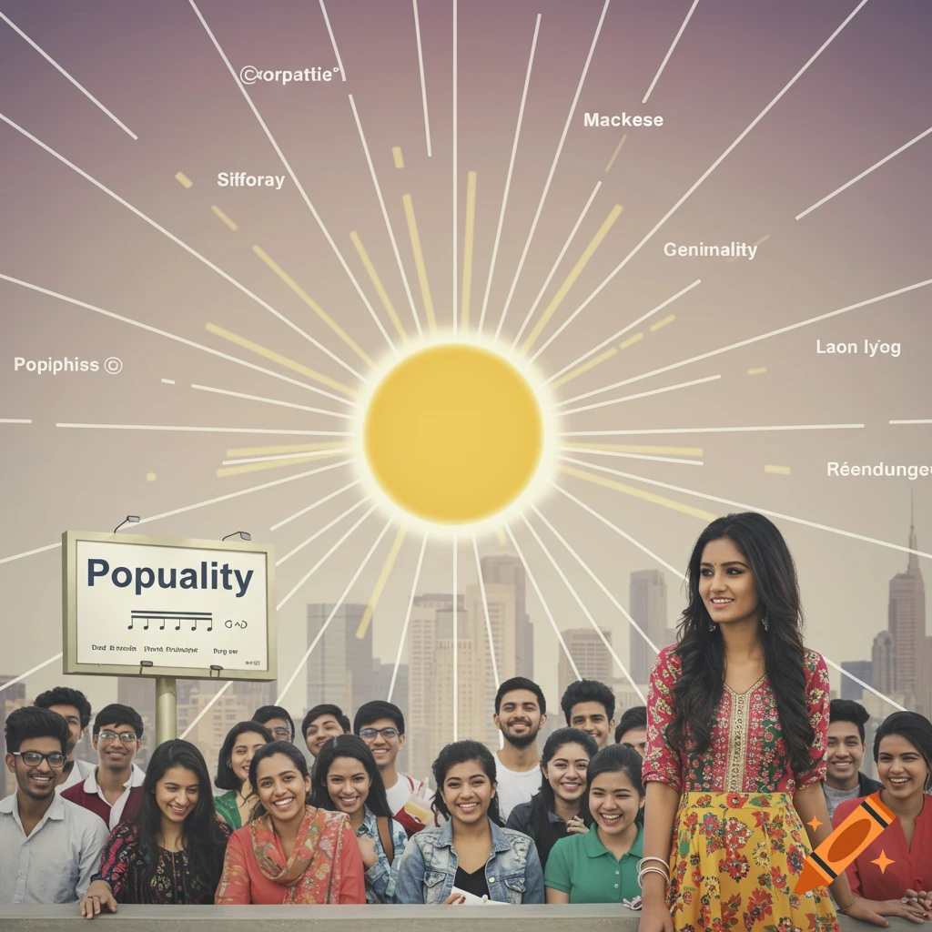 A group of young people stand in front of a billboard and city skyline, with a large bright sun graphic behind them.