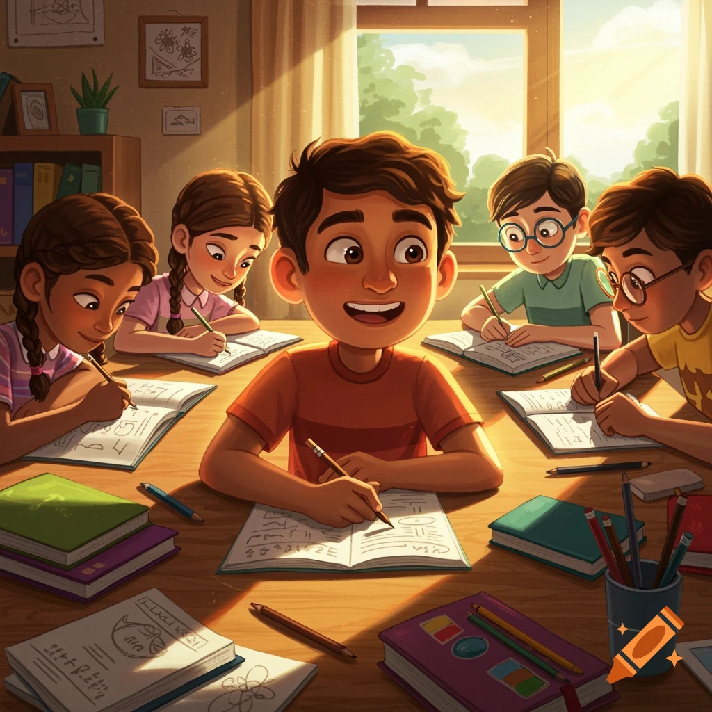 A group of diverse children sit around a table studying and doing homework, bathed in sunlight.