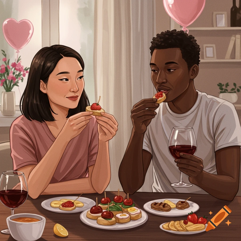 Illustration of a couple sharing food and wine