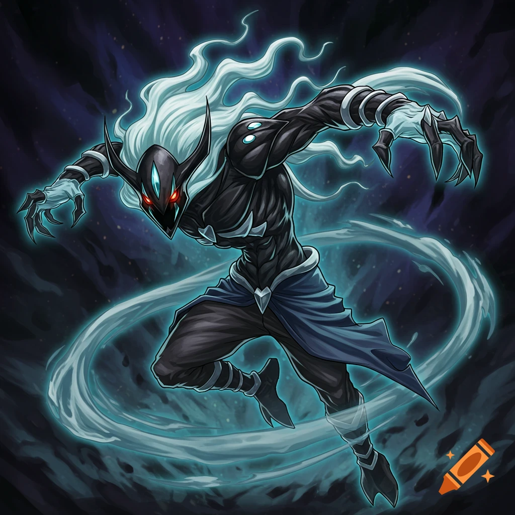 A dark fantasy creature with white flowing hair and red eyes lunges forward, surrounded by mist.